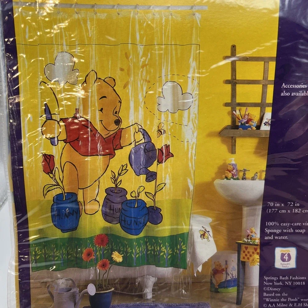 VTG Disney Winnie The Pooh Vinyl Shower Curtain New 100 Acre Garden 90's